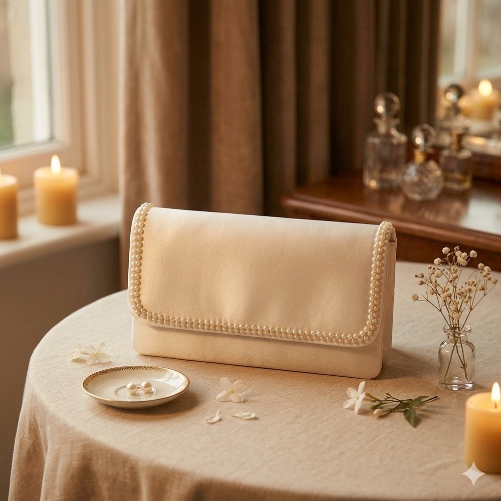 Vintage Cream Satin Envelope Clutch Bag Faux Pearl Trim Wedding Evening Bag